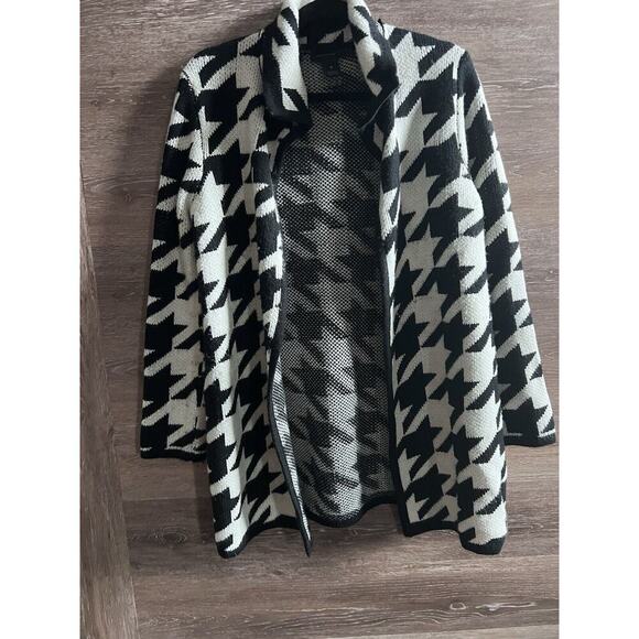 Investments Sweater Open Houndstooth Cardigan Duster Black White Plaid Sz M - Picture 1 of 3